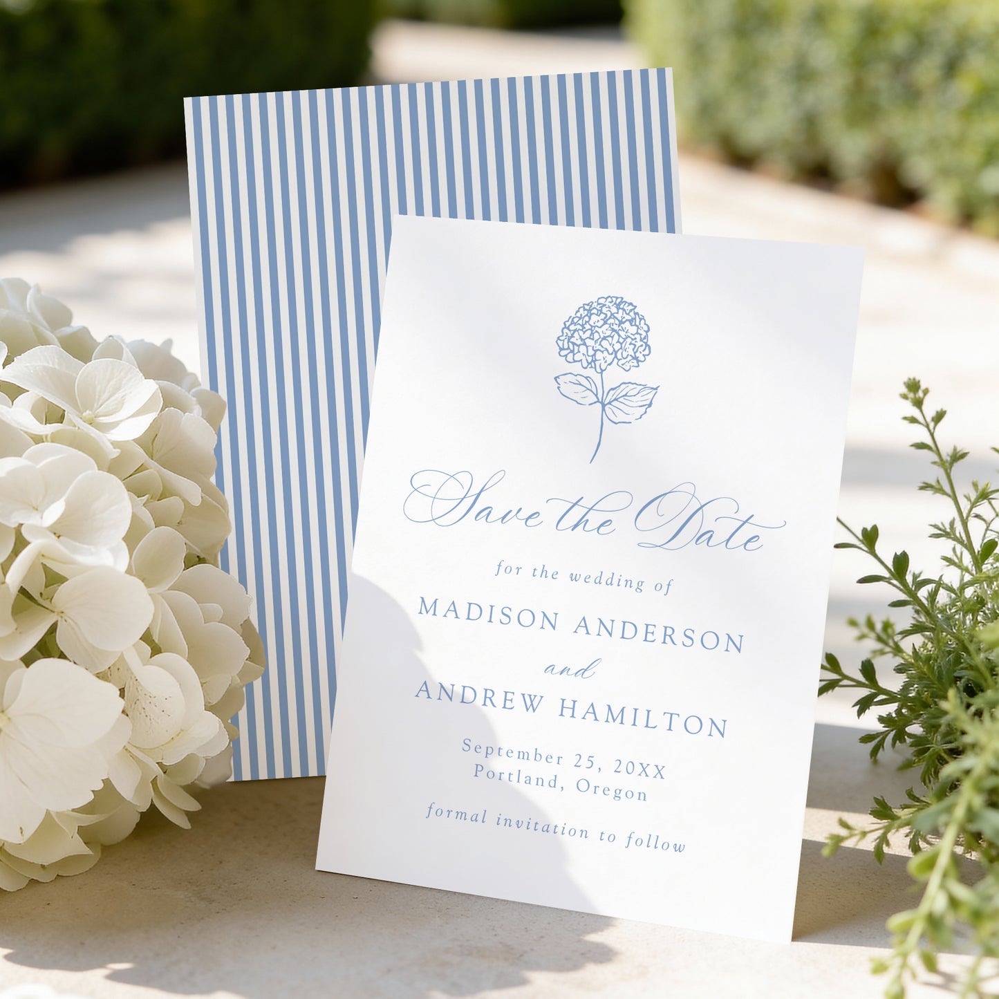 Classic Blue Hydrangea Wedding Save The Date Card | Corjl Template