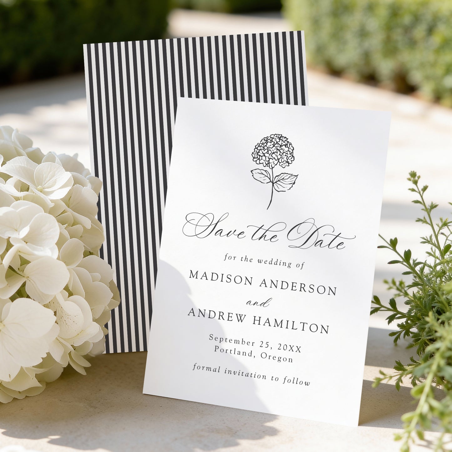 Classic Charcoal Hydrangea Wedding Save the Date Card | Corjl Template