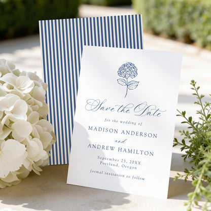 Classic Navy Hydrangea Wedding Save the Date Card | Corjl Template