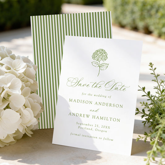 Classic Olive Green Hydrangea Wedding Save the Date Card | Corjl Template