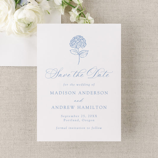 Classic Blue Hydrangea Wedding Save The Date Card | Corjl Template
