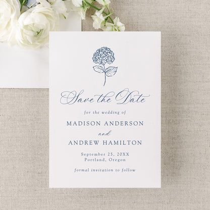 Classic Navy Hydrangea Wedding Save the Date Card | Corjl Template