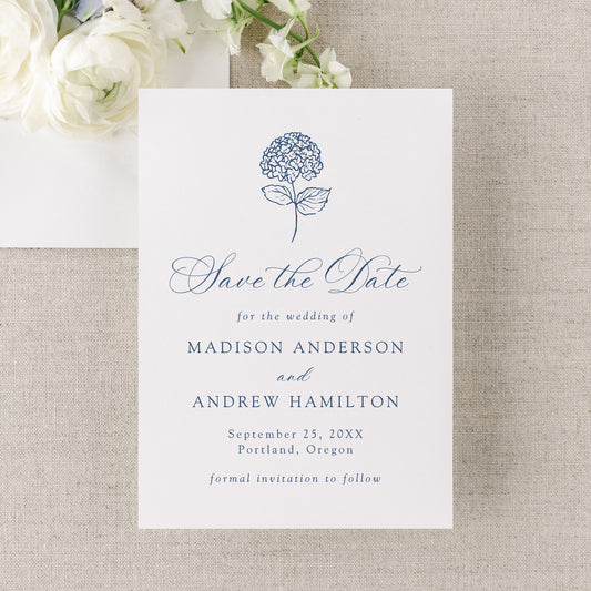 Classic Navy Hydrangea Wedding Save the Date Card | Corjl Template