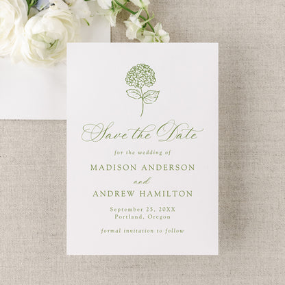 Classic Olive Green Hydrangea Wedding Save the Date Card | Corjl Template