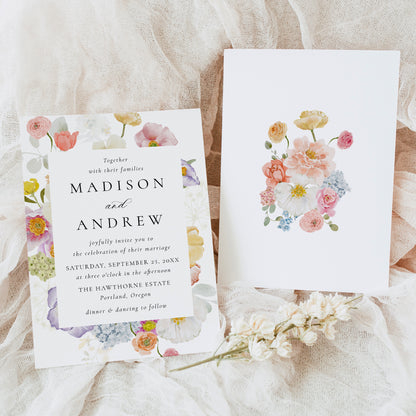 Colorful Watercolor Wildflower Wedding Invitation | Corjl Template