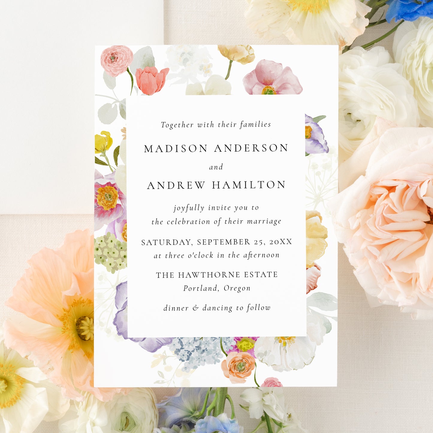Colorful Watercolor Wildflower Wedding Invitation | Corjl Template