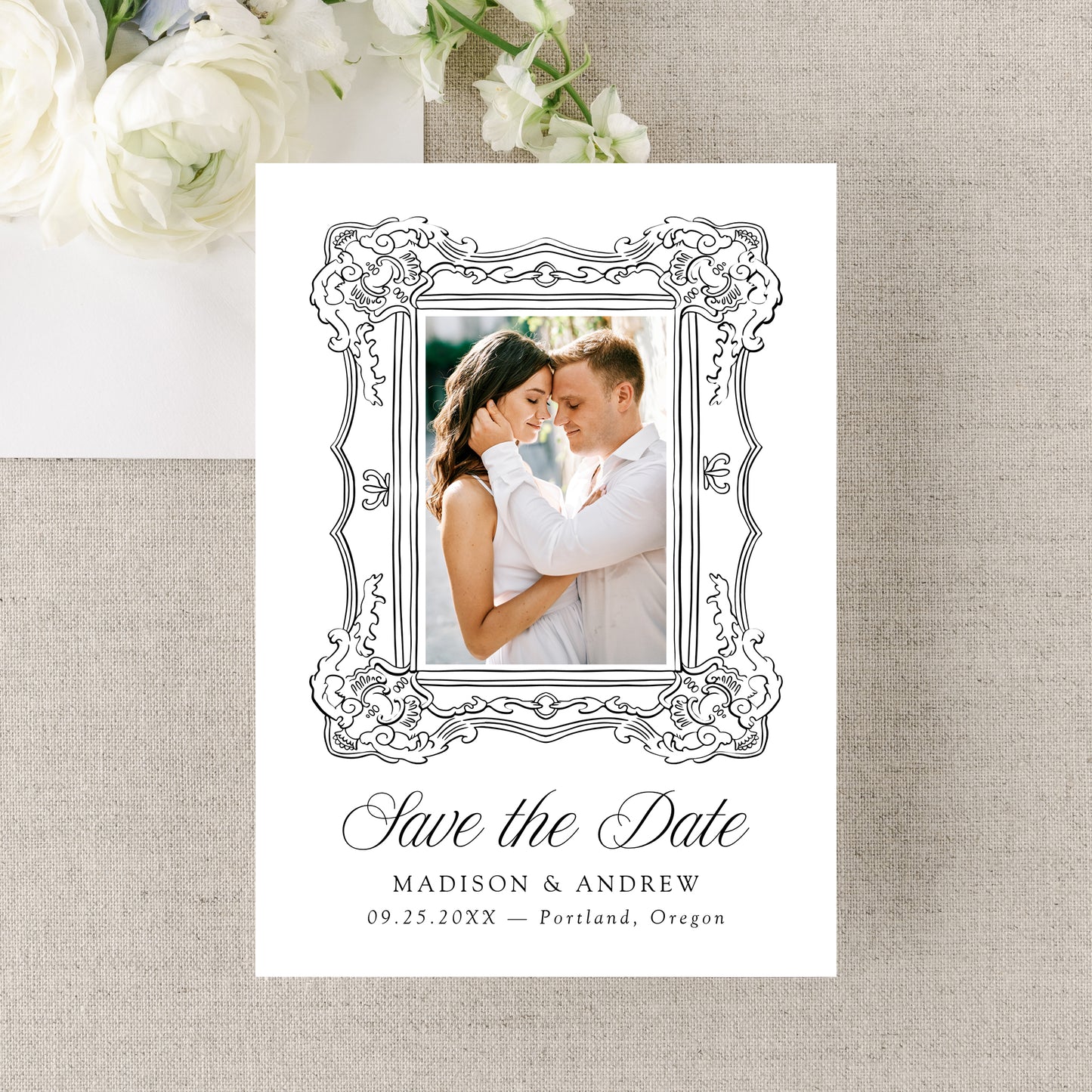 Elegant Black Ornate Frame 2 Photo QR Code Wedding Save The Date Card | Canva Template