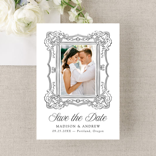 Elegant Black Ornate Frame 2 Photo QR Code Wedding Save The Date Card | Canva Template