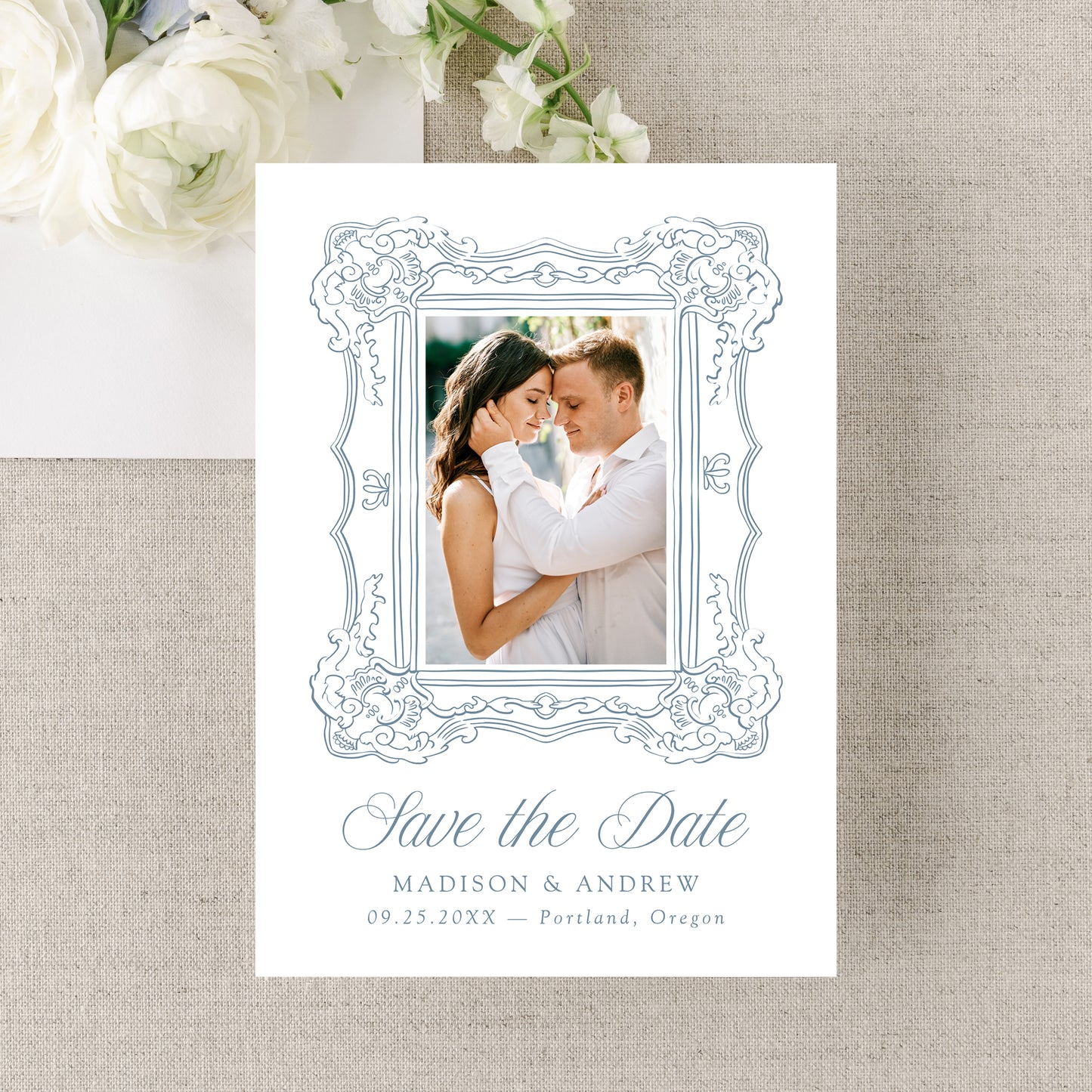 Elegant Blue Ornate Frame 2 Photo QR Code Wedding Save The Date Card | Canva Template
