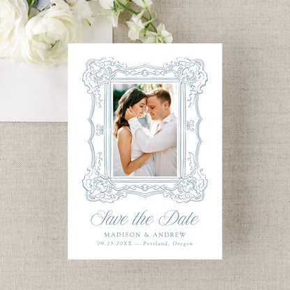 Elegant Blue Ornate Frame 2 Photo QR Code Wedding Save The Date Card | Canva Template