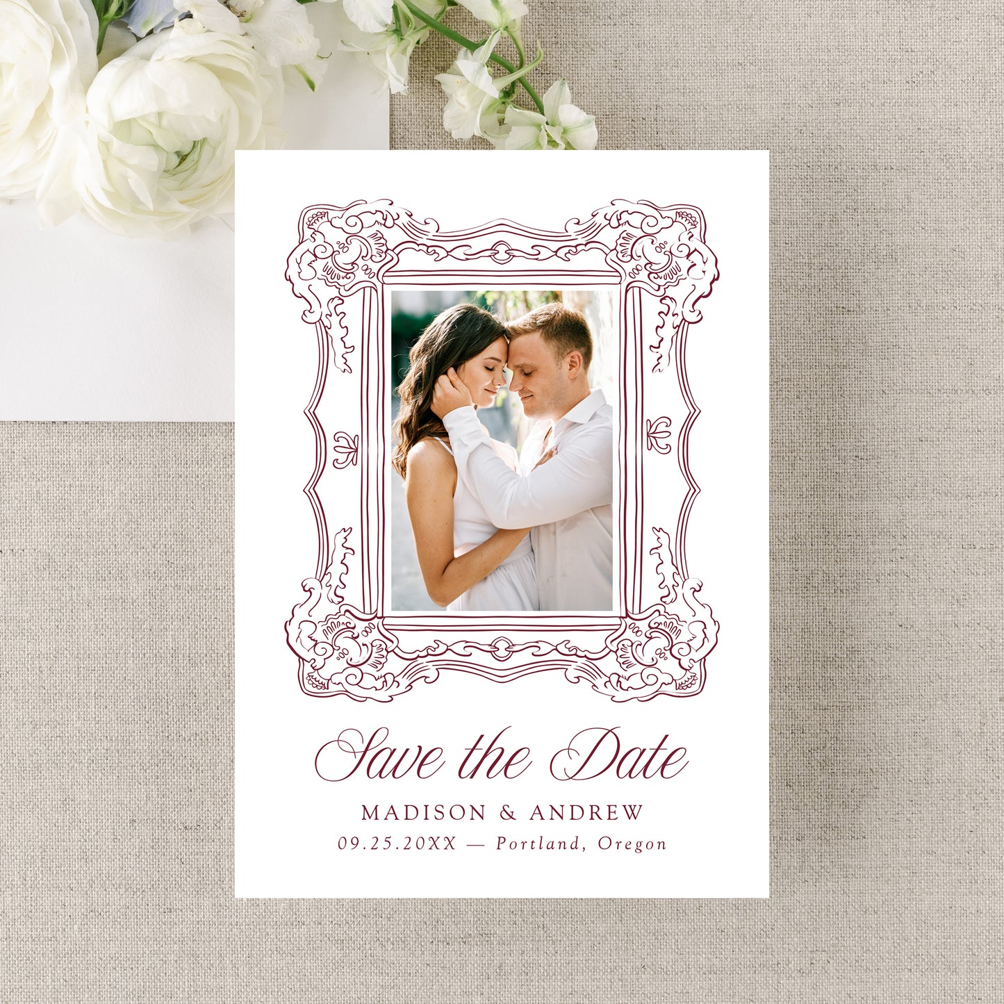 Elegant Burgundy Ornate Frame QR Code Wedding Save The Date Card | Canva Template