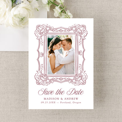 Elegant Burgundy Ornate Frame QR Code Wedding Save The Date Card | Canva Template