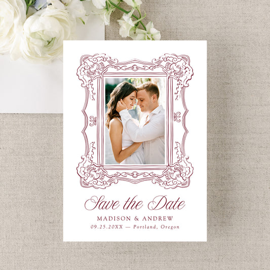 Elegant Burgundy Ornate Frame QR Code Wedding Save The Date Card | Canva Template