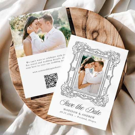 Elegant Black Ornate Frame 2 Photo QR Code Wedding Save The Date Card | Canva Template