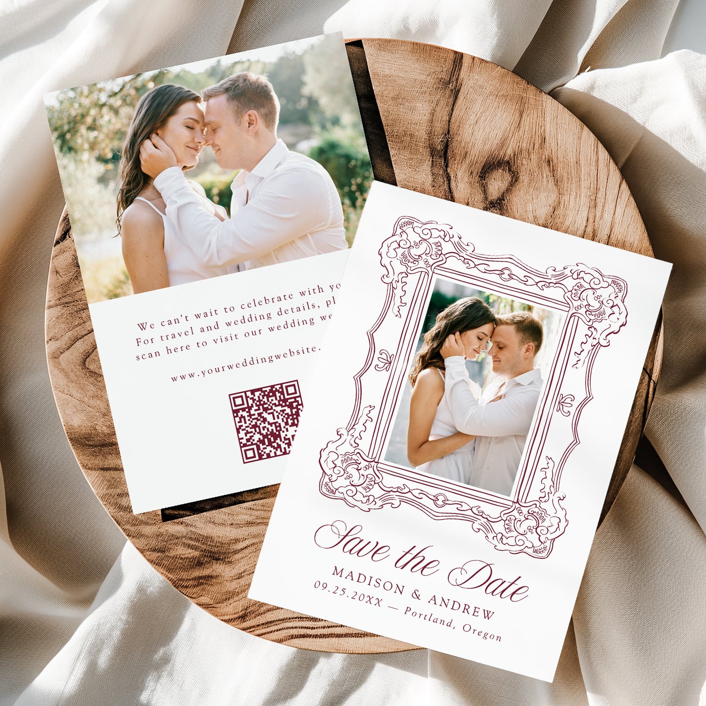 Elegant Burgundy Ornate Frame QR Code Wedding Save The Date Card | Canva Template