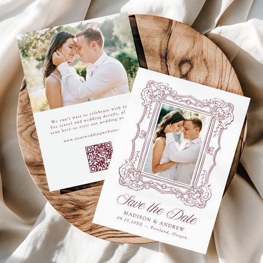 Elegant Burgundy Ornate Frame QR Code Wedding Save The Date Card | Canva Template