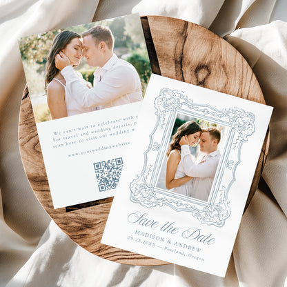 Elegant Blue Ornate Frame 2 Photo QR Code Wedding Save The Date Card | Canva Template
