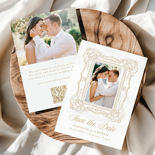 Elegant Gold Ornate Frame 2 Photo QR Code Wedding Save The Date Card | Canva Template
