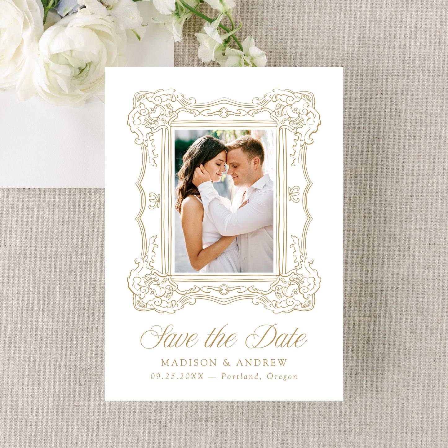 Elegant Gold Ornate Frame 2 Photo QR Code Wedding Save The Date Card | Canva Template