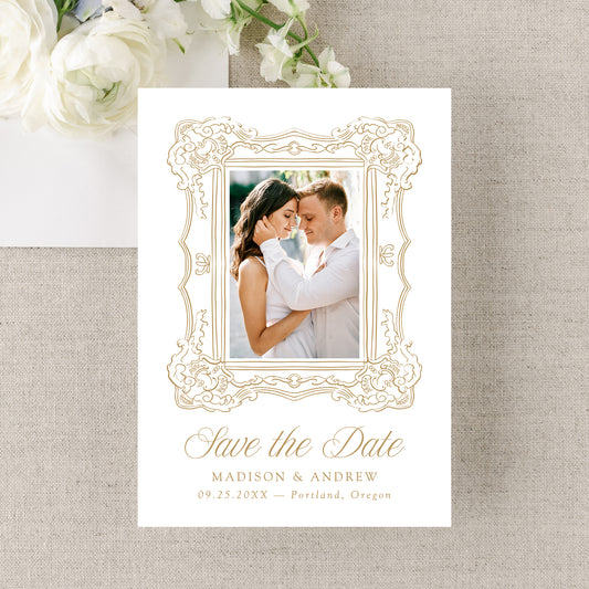Elegant Gold Ornate Frame 2 Photo QR Code Wedding Save The Date Card | Canva Template