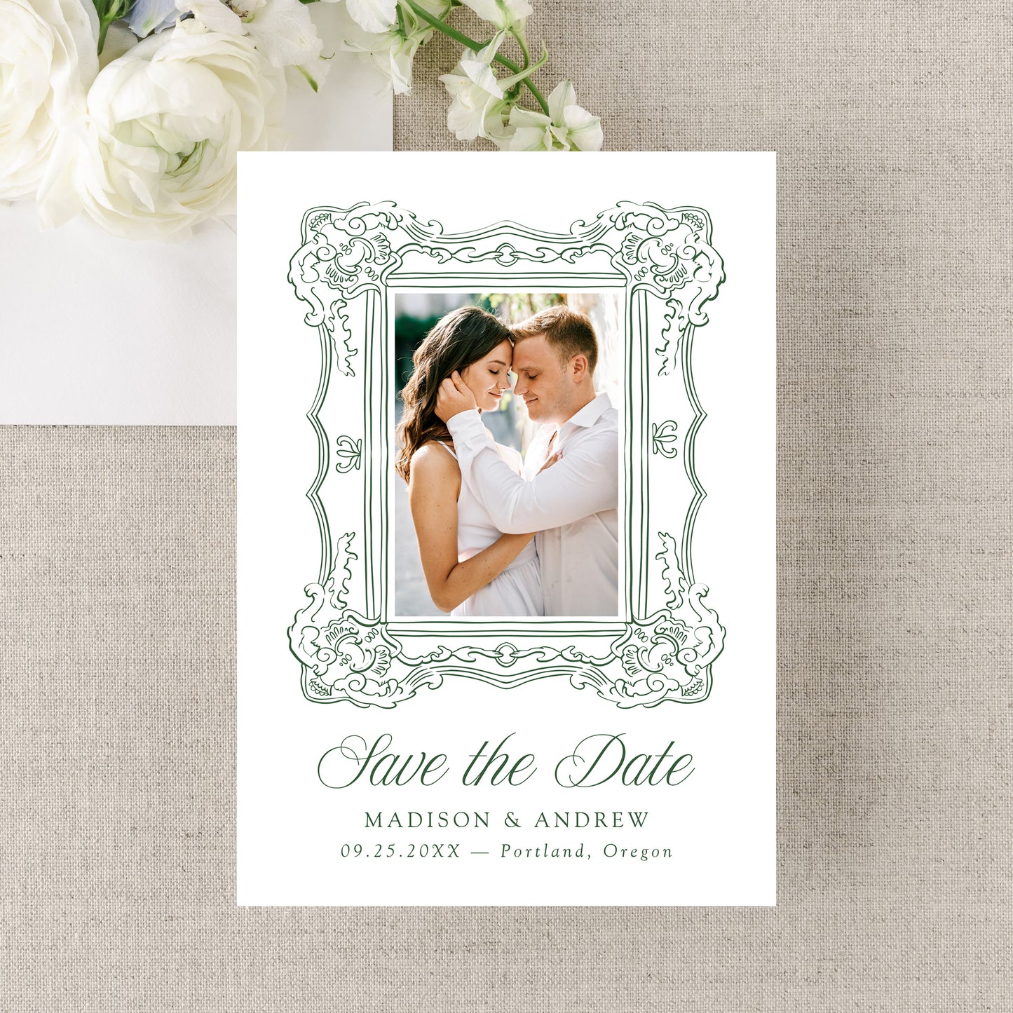 Elegant Green Ornate Frame 2 Photo QR Code Wedding Save The Date Card | Canva Template