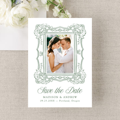 Elegant Green Ornate Frame 2 Photo QR Code Wedding Save The Date Card | Canva Template