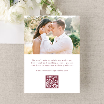 Elegant Burgundy Ornate Frame QR Code Wedding Save The Date Card | Canva Template