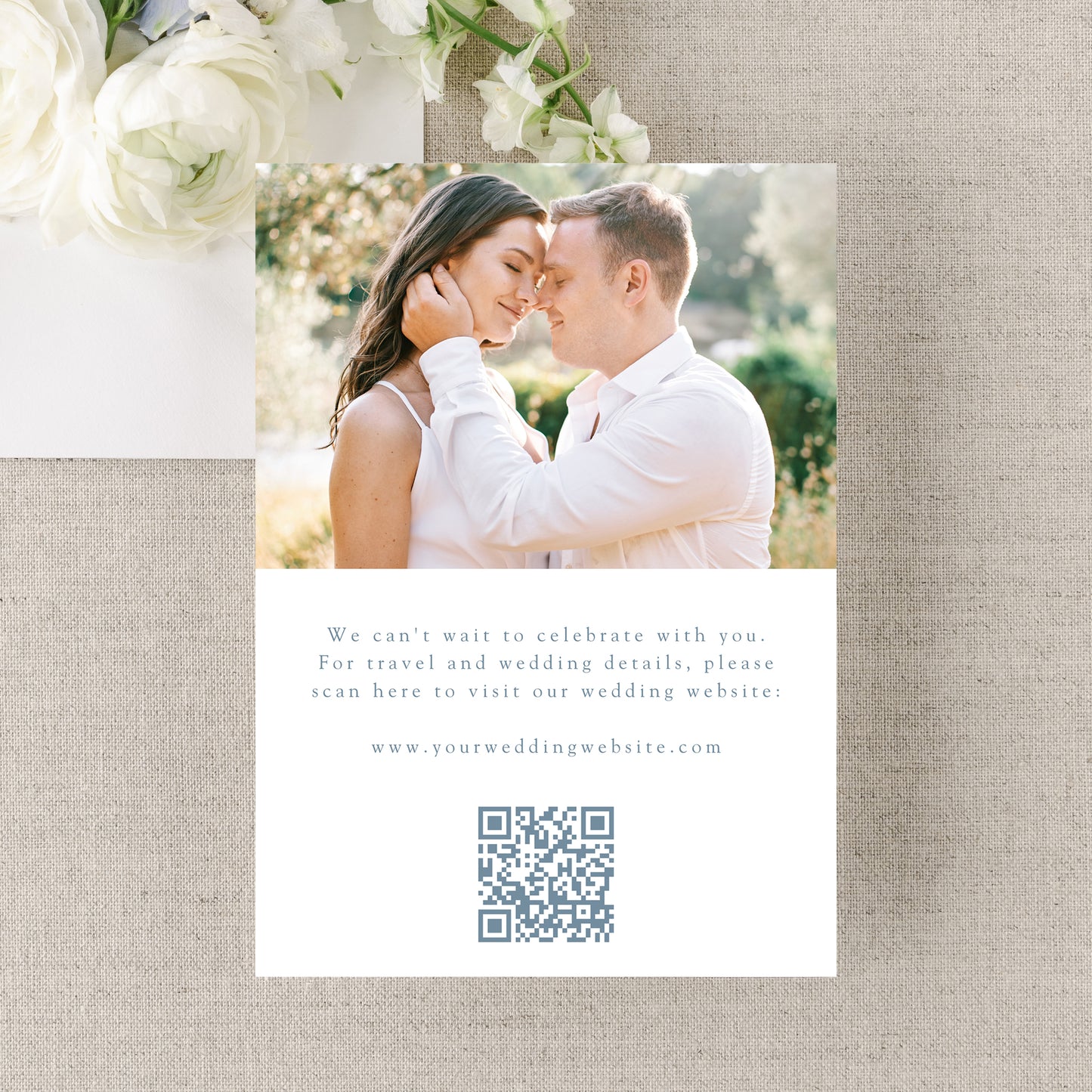 Elegant Blue Ornate Frame 2 Photo QR Code Wedding Save The Date Card | Canva Template