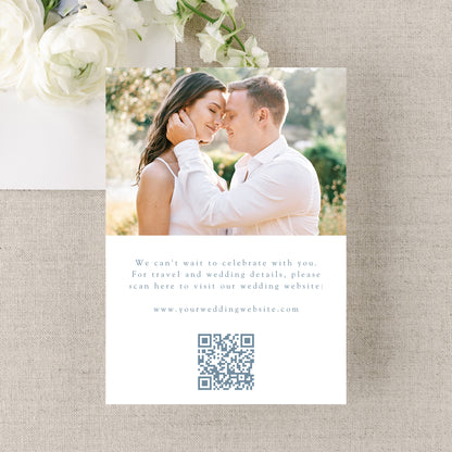 Elegant Blue Ornate Frame 2 Photo QR Code Wedding Save The Date Card | Canva Template