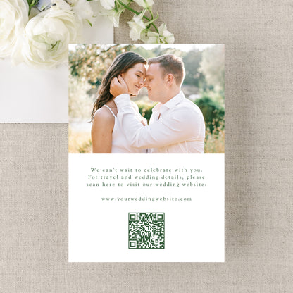 Elegant Green Ornate Frame 2 Photo QR Code Wedding Save The Date Card | Canva Template